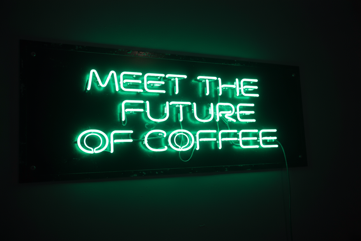 meet the future of coffee in text form in green neon color