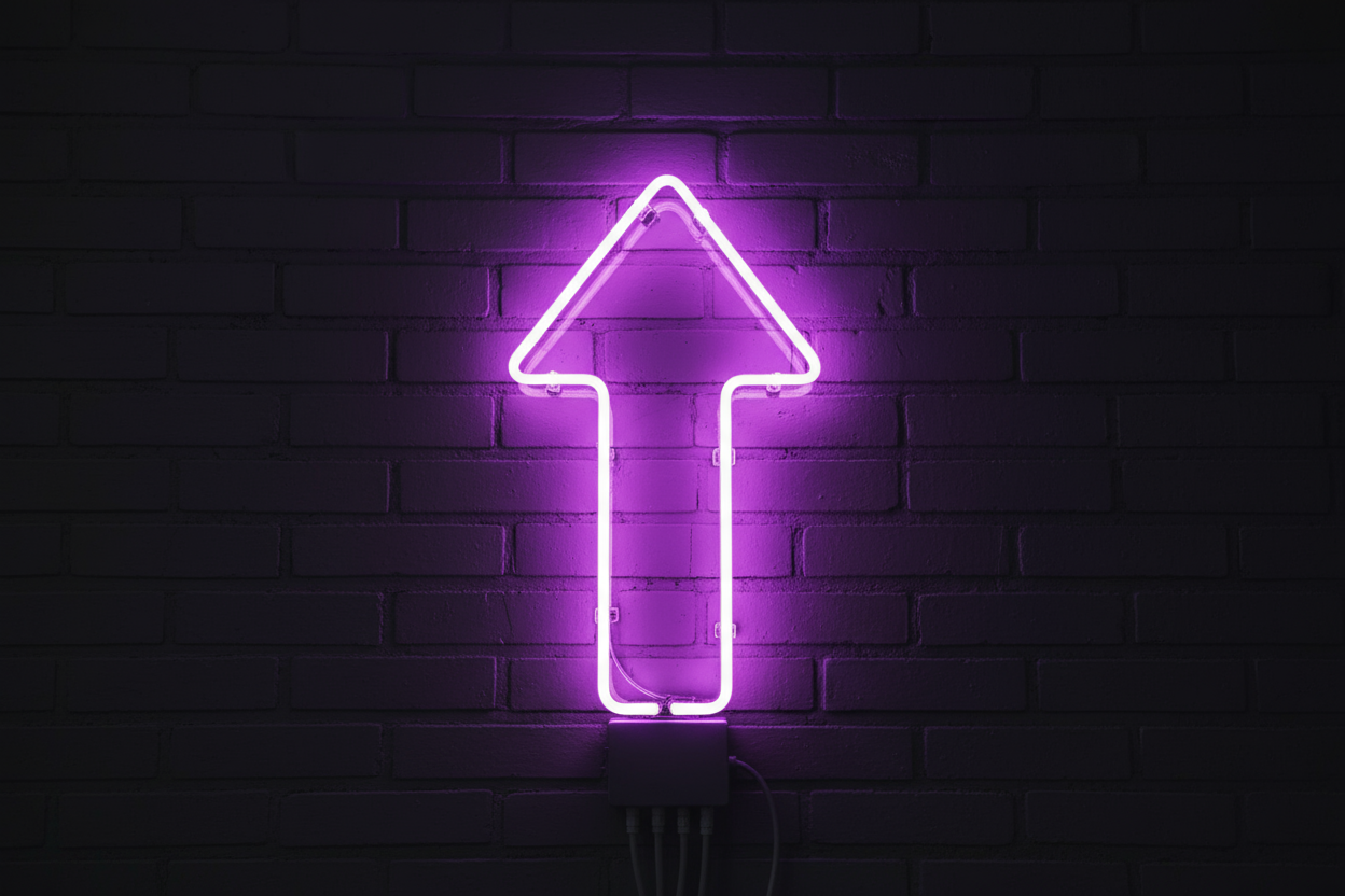 upward arrow sign in purple neon sign